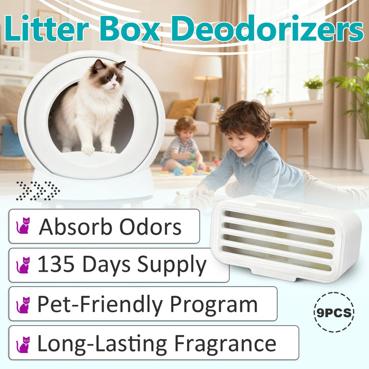FixlyFido deodorizer shown beside compatible litter boxes, smooth integration and odor control.