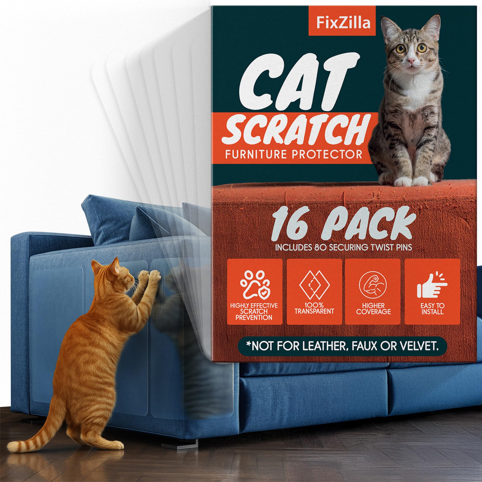 FixZilla cat scratch protector on sofa provides clear, durable shield against claws.