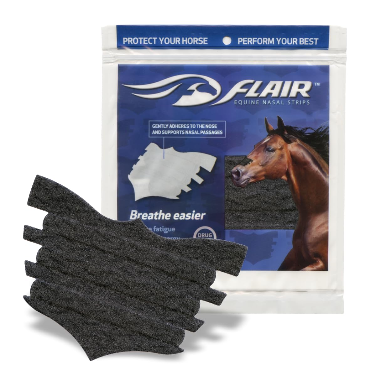 Packaging close-up of Flair Equine Nasal Strips highlighting drug-free safety.