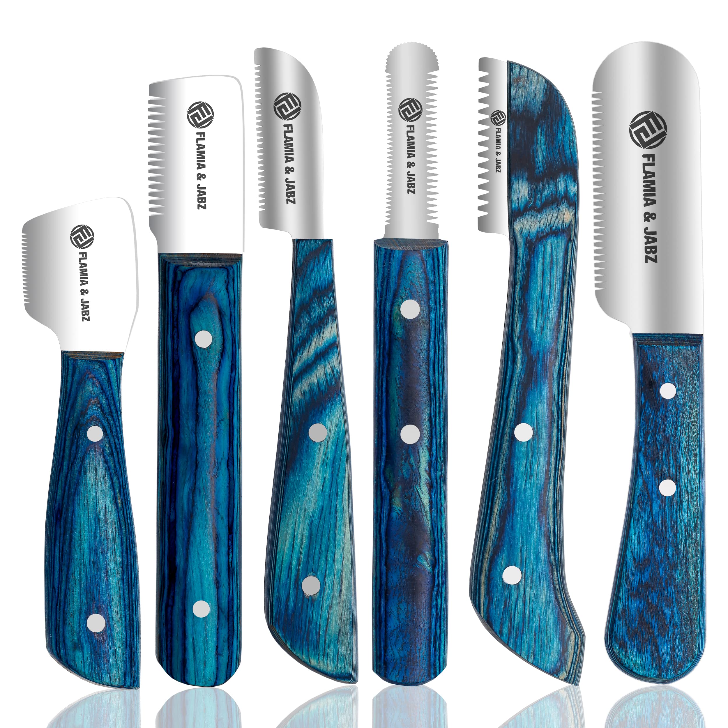 FLAMIA & JABZ FJ professional stripping knife kit cover in blue, ready for grooming setups.