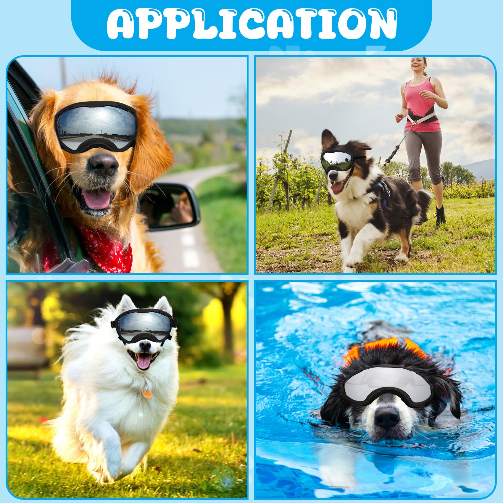 Flantor dog goggles with adjustable triple-strap fit for large dogs.