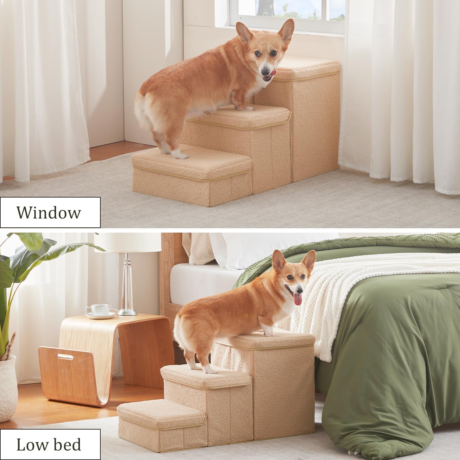 Flashing Fire dog stairs resting beside a bed for seniors.