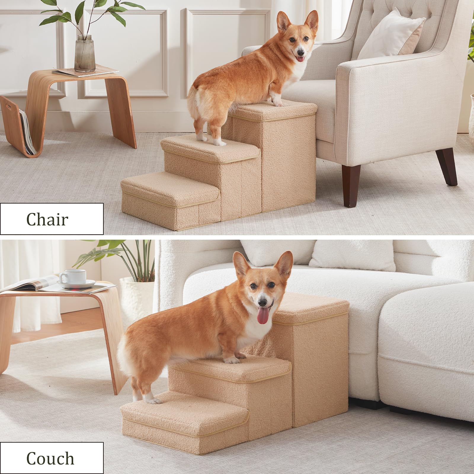 Flashing Fire beige dog stairs blend with furniture while supporting pets.