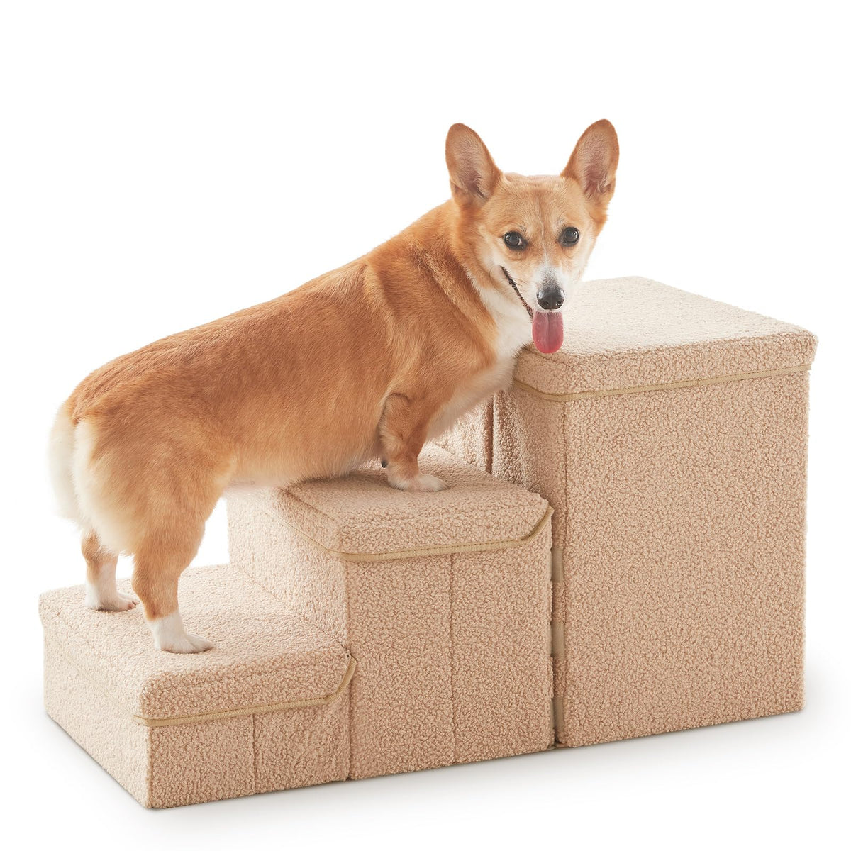 Flashing Fire dog stairs with storage beside a bed, a tidy climbing solution.