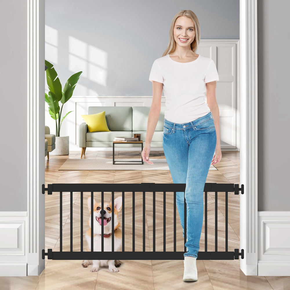 Fldofaves dog gate step-over assembly in doorway showing easy access while keeping pets contained.