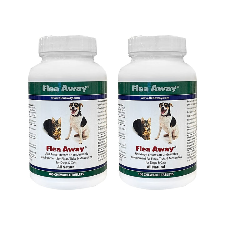 Flea Away bottle with liver-flavor tablets offers natural pest defense for pets.