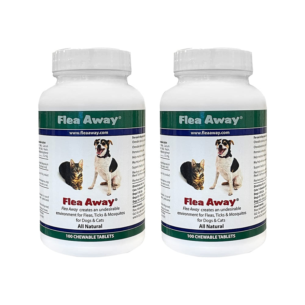 Flea Away bottle with liver-flavor tablets offers natural pest defense for pets.