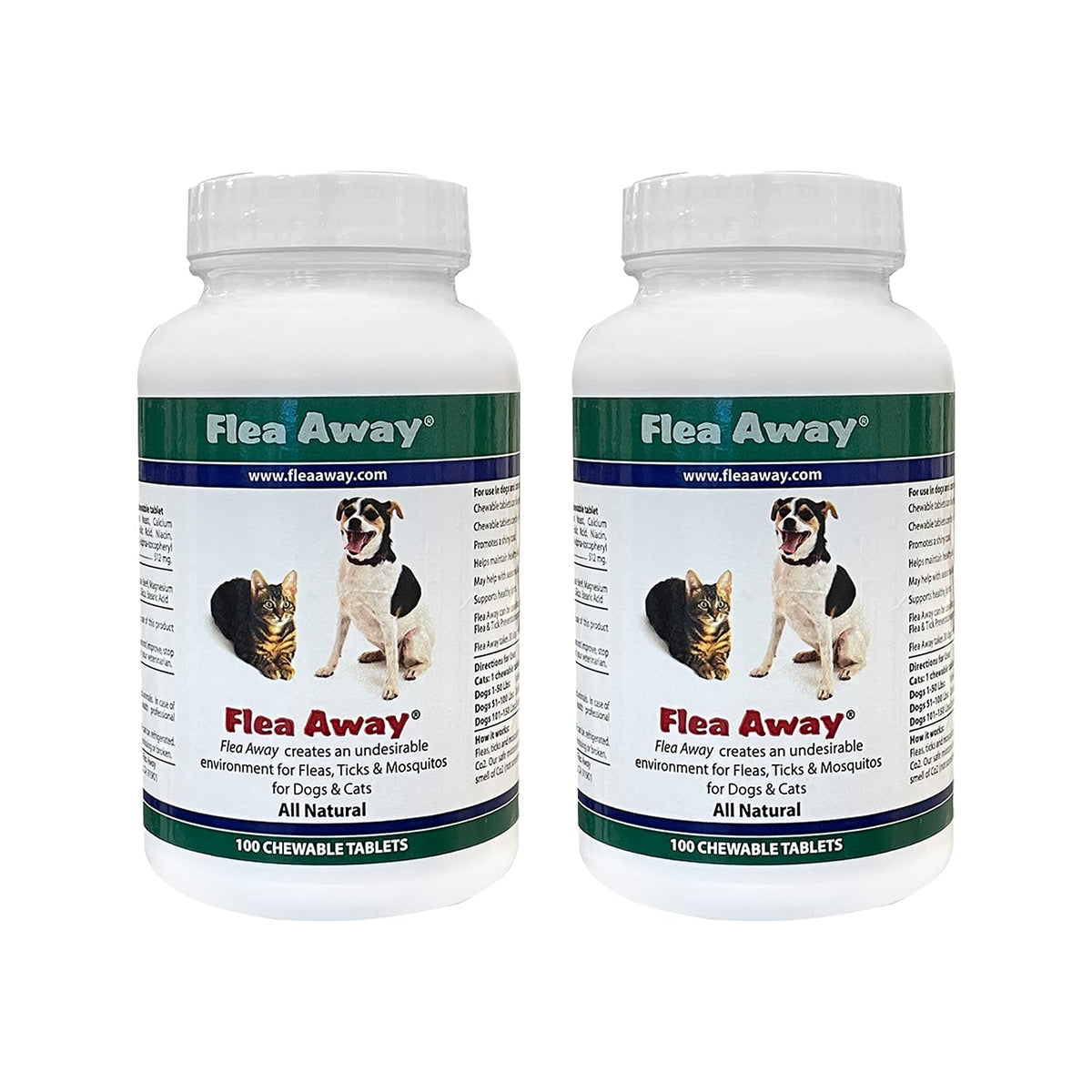 Flea Away bottle with liver-flavor tablets offers natural pest defense for pets.