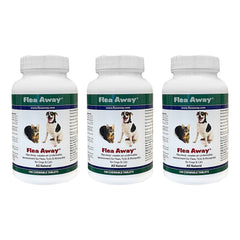 Flea Away bottle with chews promotes natural pest prevention for dogs and cats.