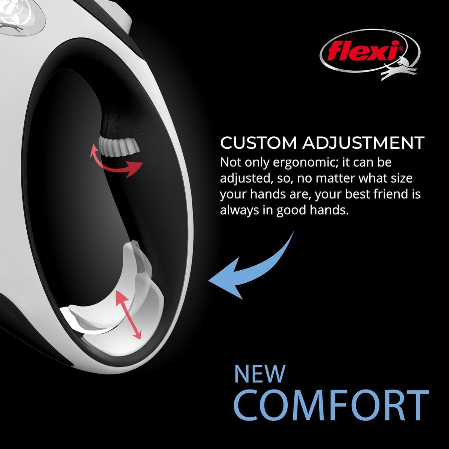 FLEXI Comfort XS tape leash demonstrates three-finger grip for controlled walking.