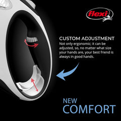 FLEXI Comfort XS tape leash demonstrates three-finger grip for controlled walking.