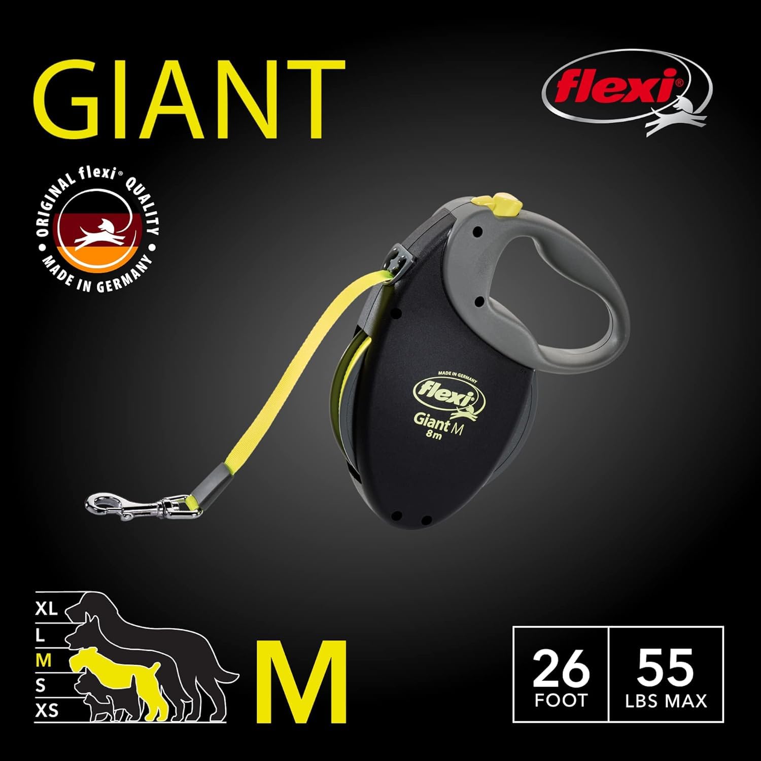 Flexi Giant Tape Leash one-handed brake showcases quick, safe stops during busy streets.