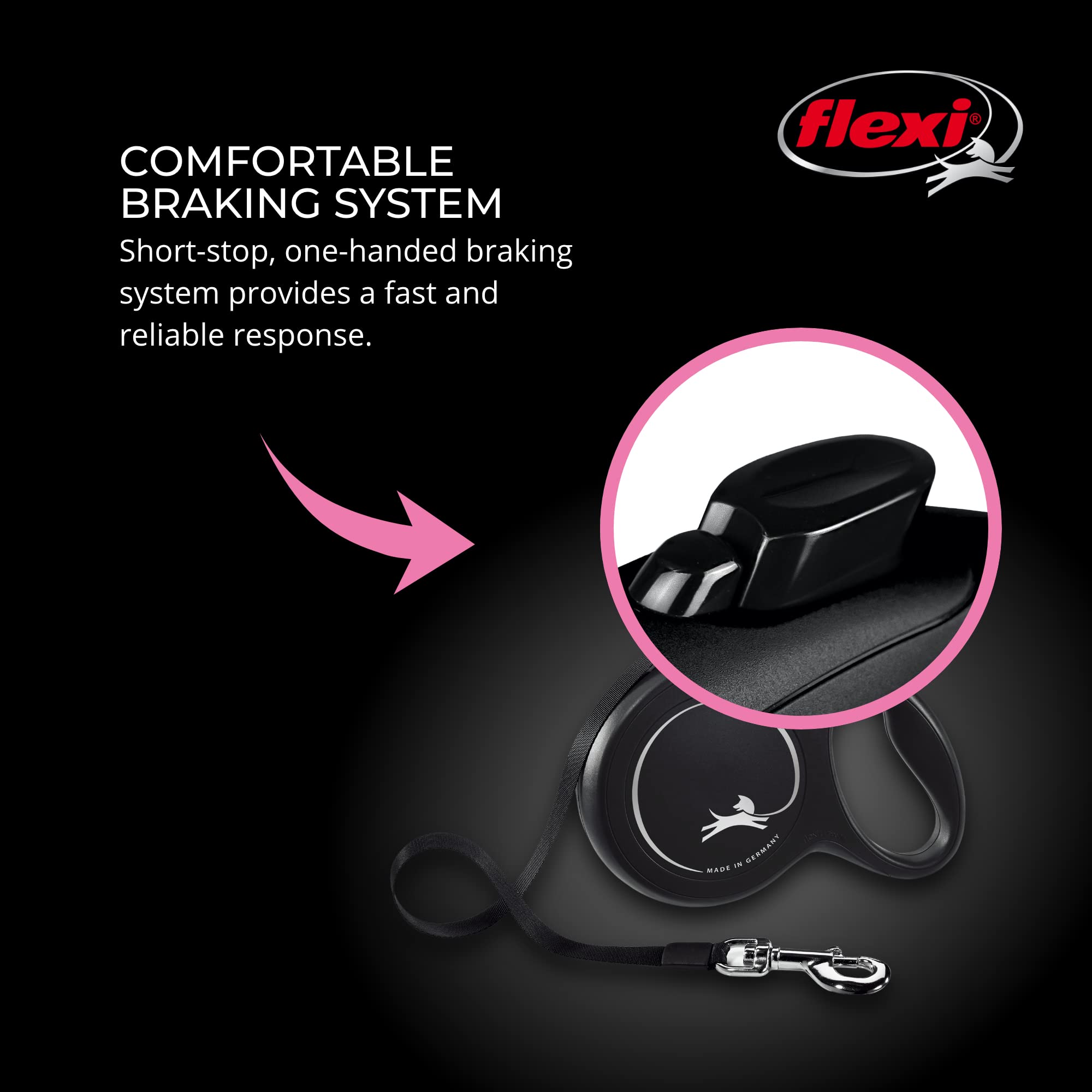 FLEXI New Classic short-stop braking enables quick one-handed stops.