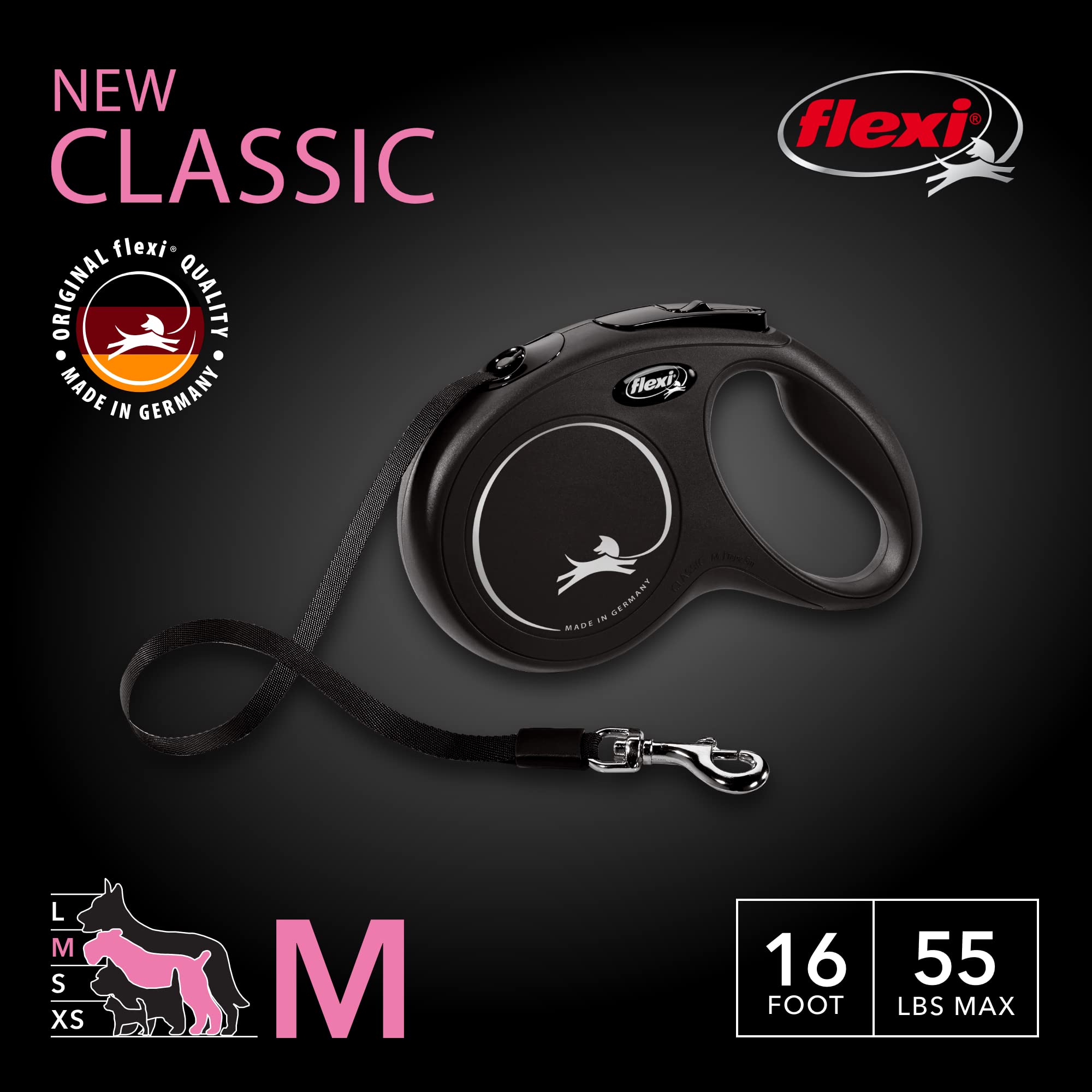 Flexi New Classic tape leash extended 16 ft enables wider exploration with control.