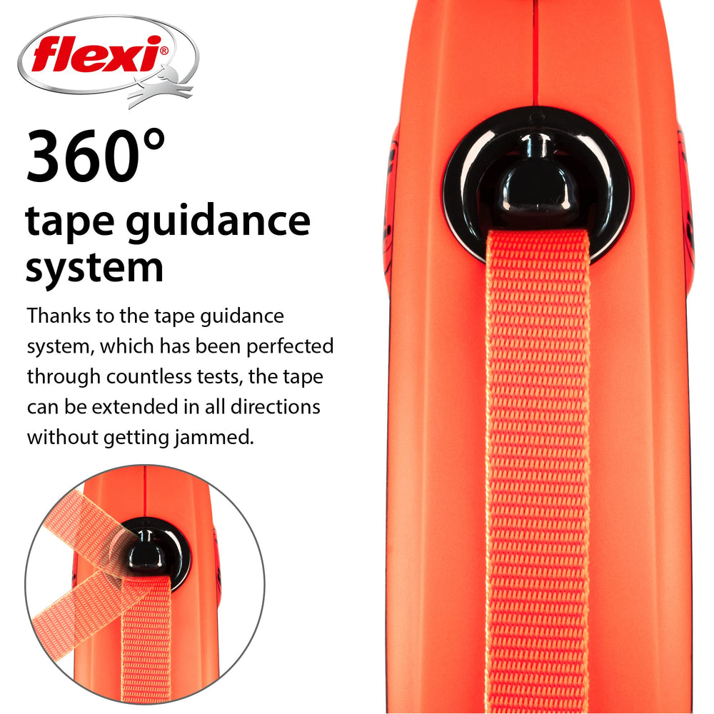 Flexi New Classic leash with orange one-handed brake for quick safety stops.