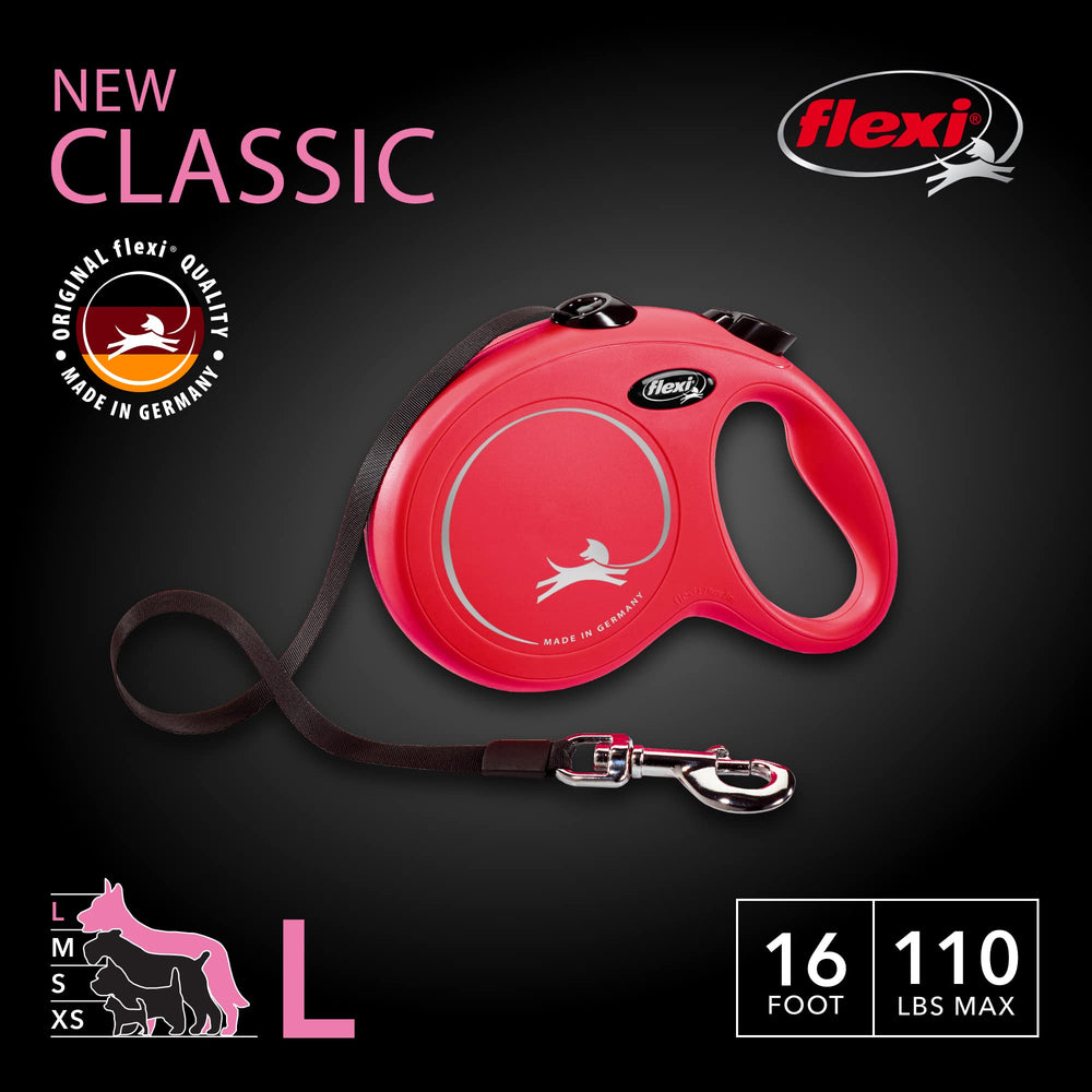 FLEXI New Classic red leash extended to show 16 ft reach for versatile walks