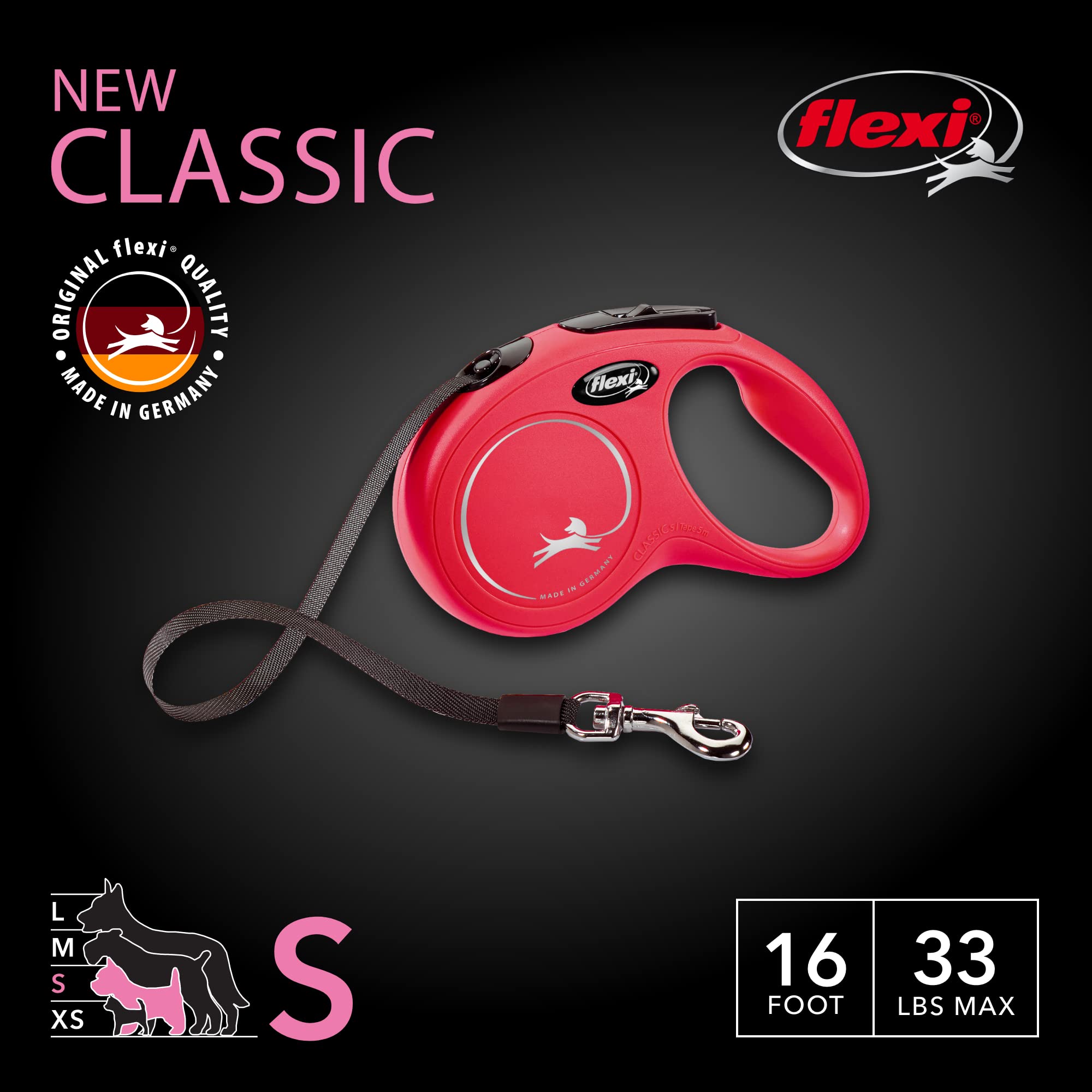 FLEXI New Classic red leash with one-handed brake for quick adjustments.