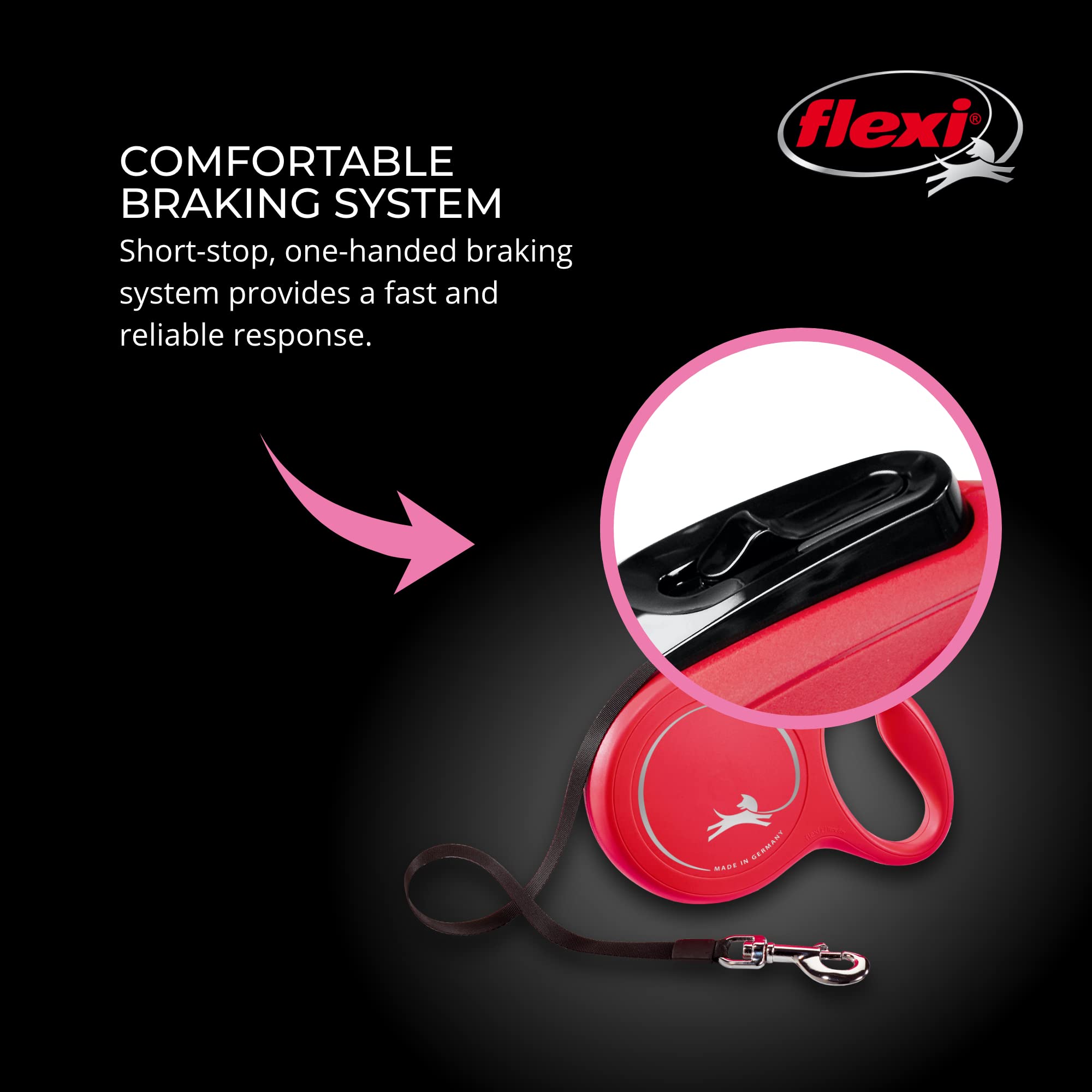 Red adjustable leash supports safe distancing in crowded areas.