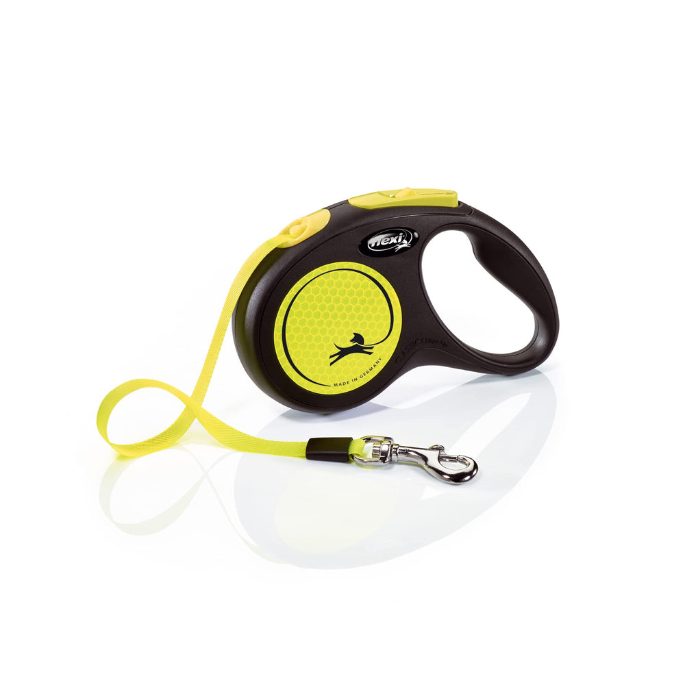 Flexi New Neon Tape Leash extended to 16 ft for versatile city walks.