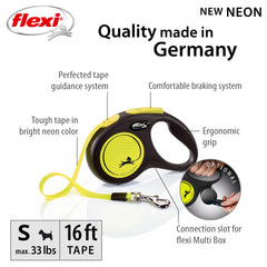 Flexi New Neon Tape Leash close-up shows bright neon visibility for safety.