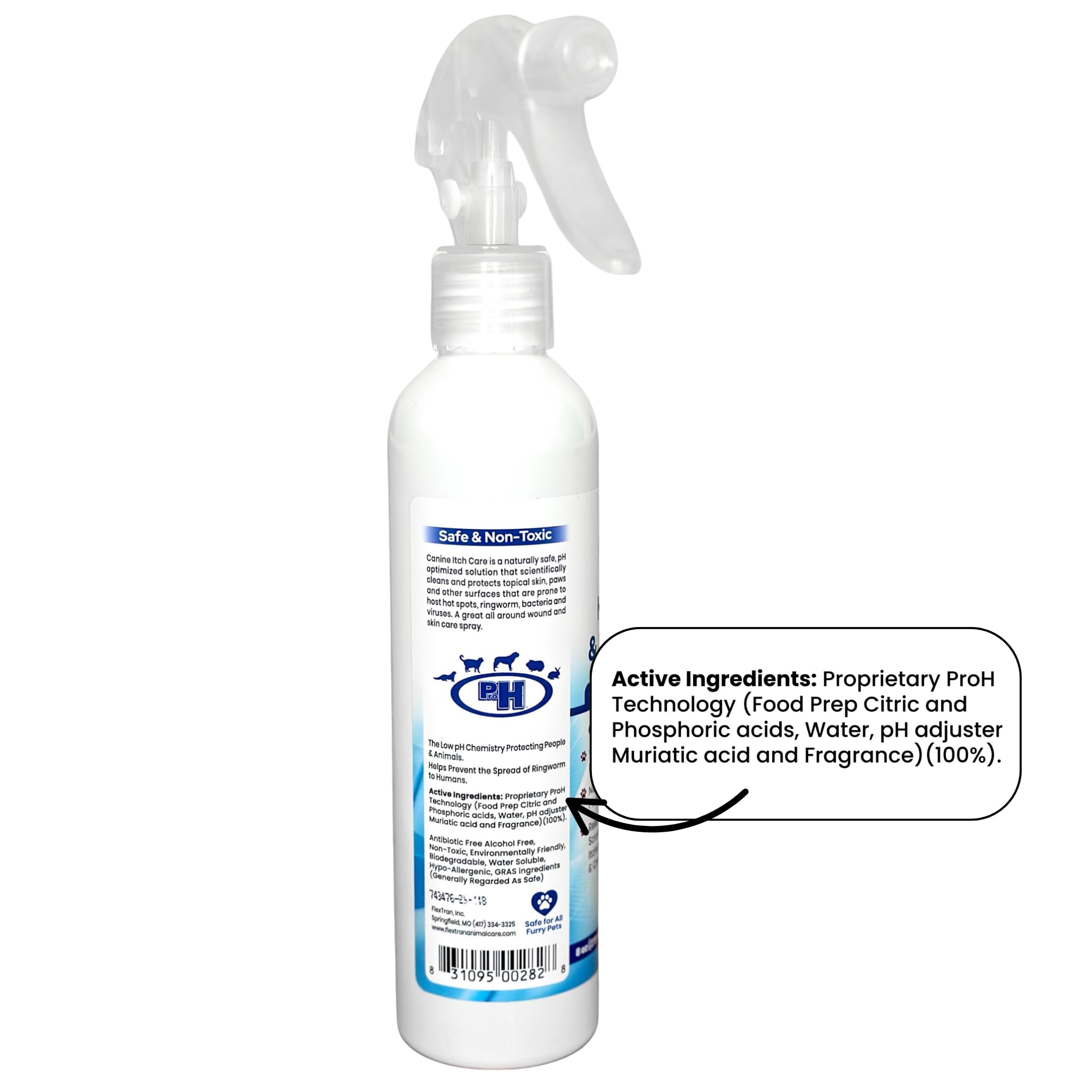 FlexTran Canine Itch Care bottle label close-up shows gentle formula.
