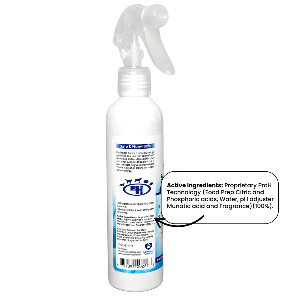 FlexTran Canine Itch Care bottle label close-up shows gentle formula.