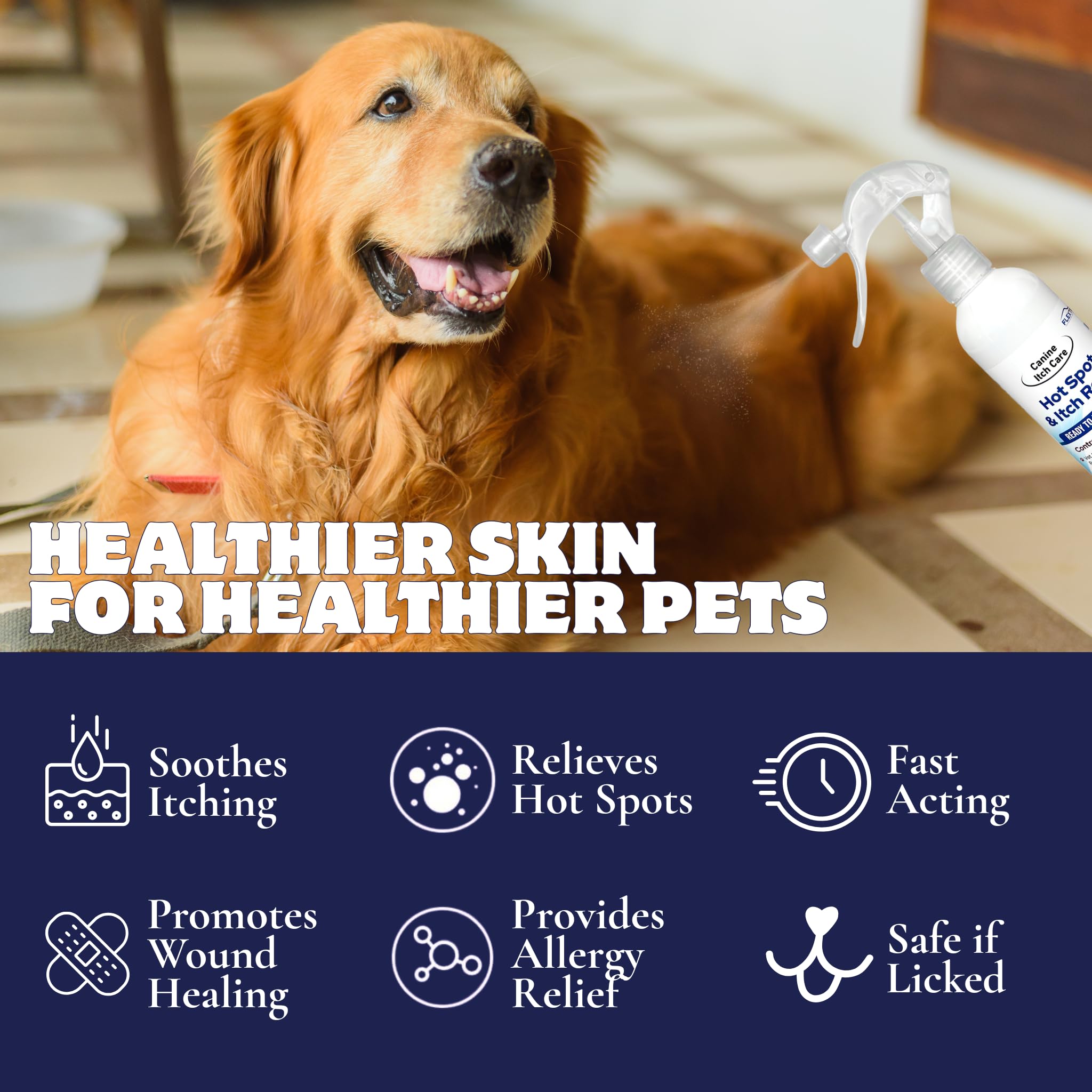 FlexTran Canine Itch Care spray being dispensed for targeted skin care.