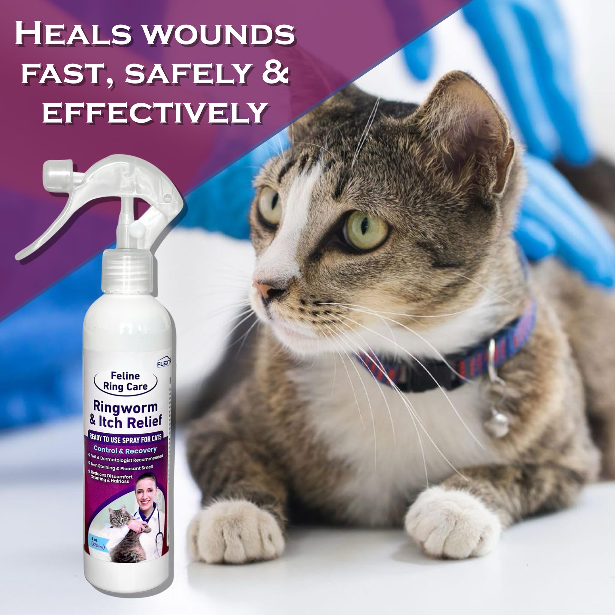 FlexTran Feline Ring Care spray mist on fur to promote skin health.