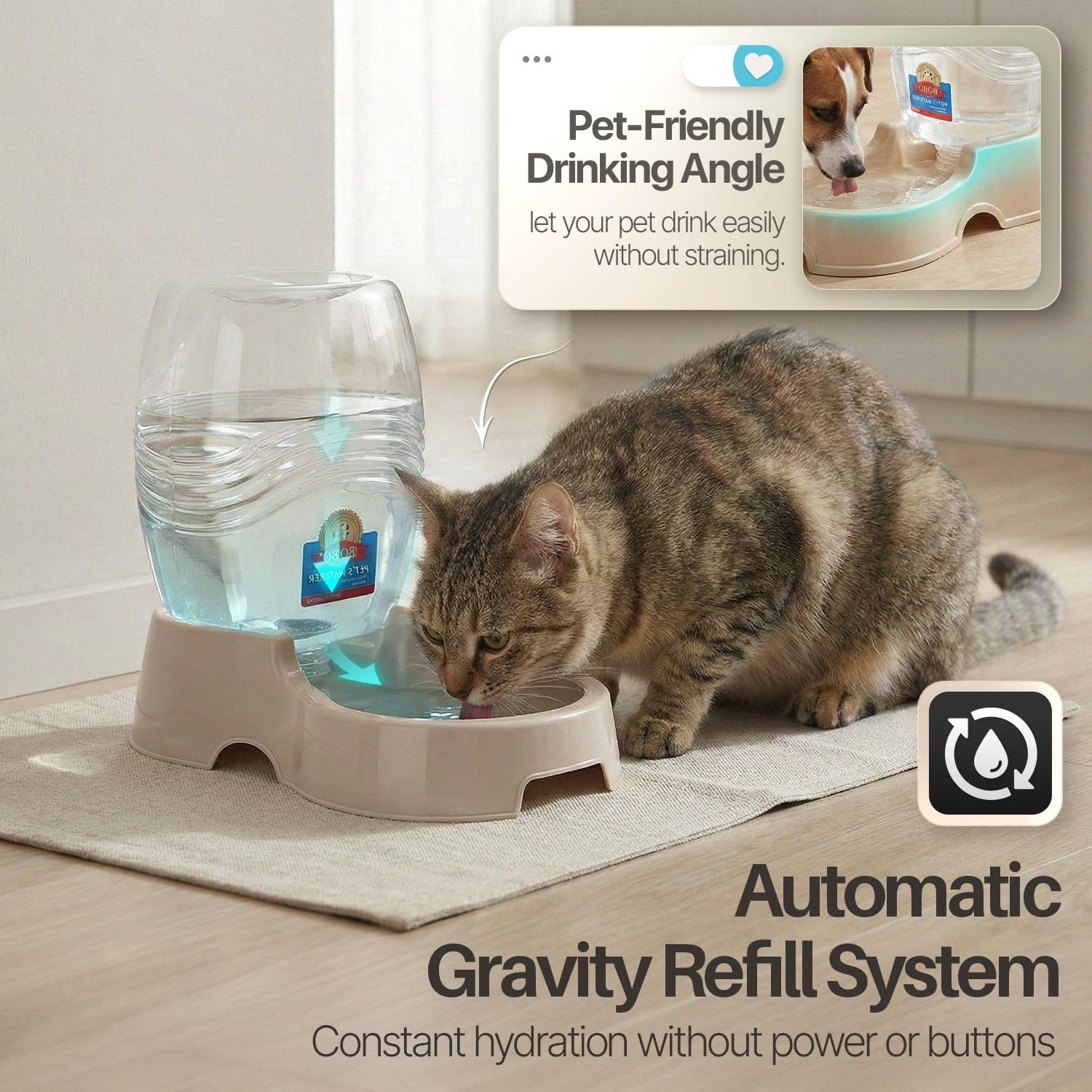 Flexzion beige gravity bowl features a recessed handle for easy transport
