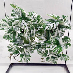 FLmoving Monstera hanging reptile plant with lifelike leaves enhances natural terrarium aesthetics.