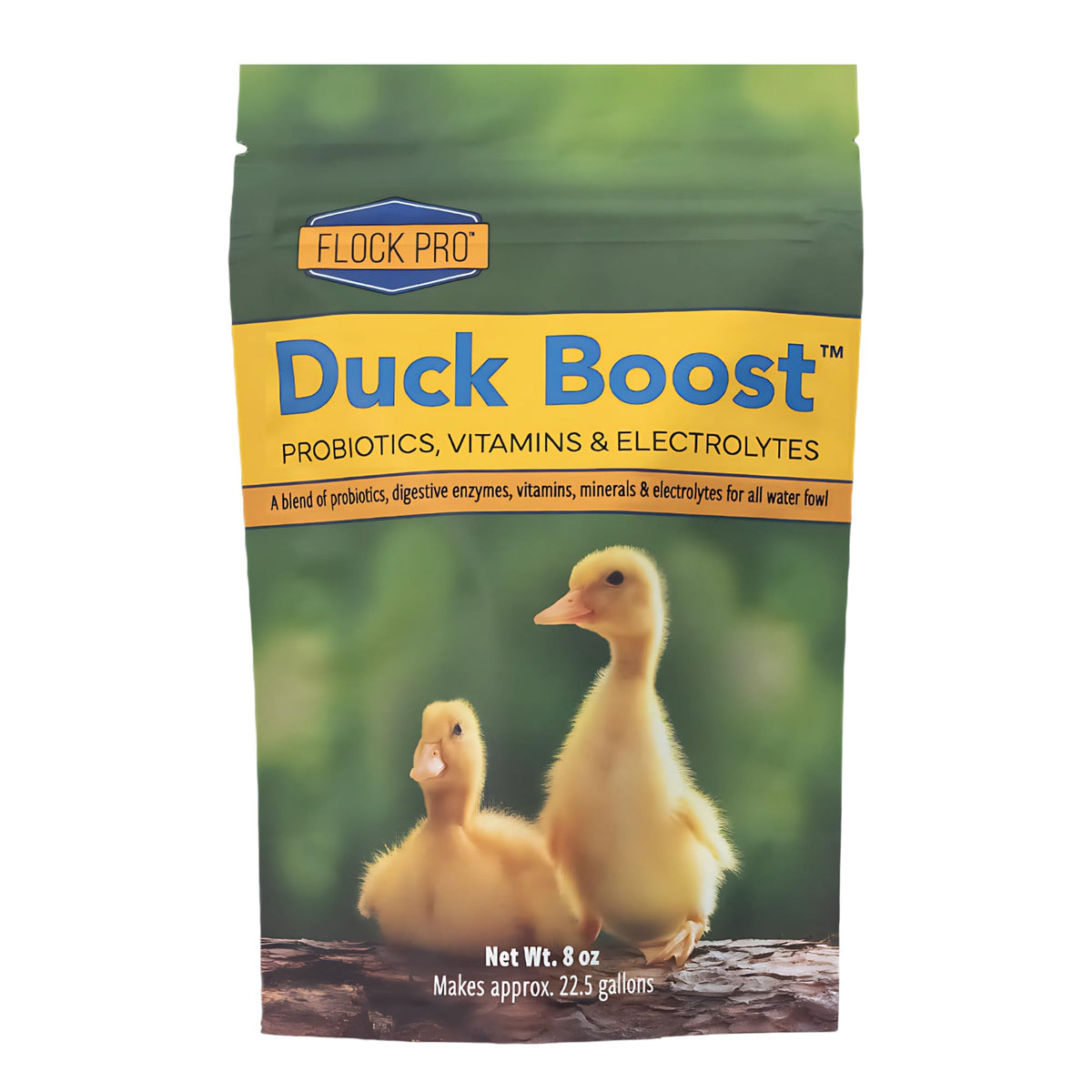 Flock Pro Duck Boost with probiotics dissolves in water to support duckling digestion.