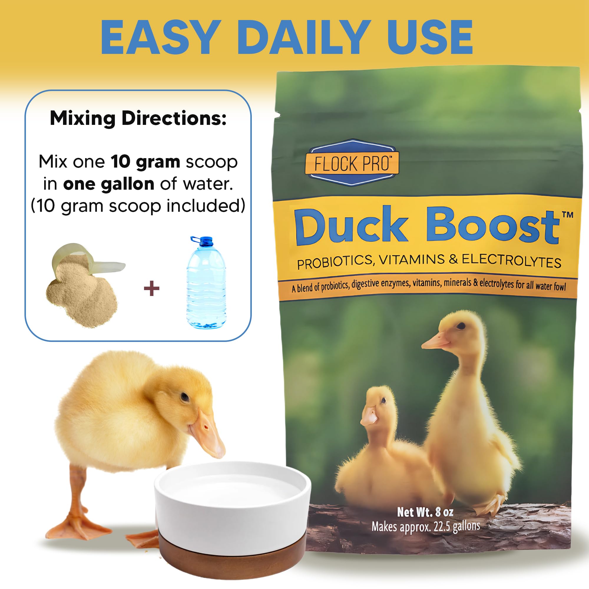 Flock Pro Duck Boost easy-dissolve granules mix into drinking water quickly.