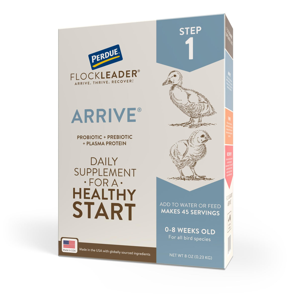 FlockLeader Arrive probiotic supplement for chicks supports healthy gut development.