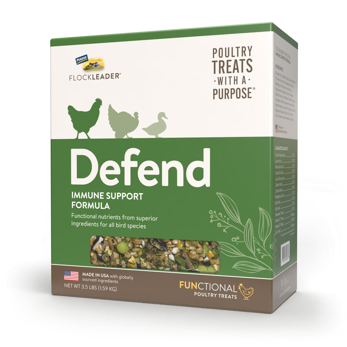 FLOCKLEADER Defend pellet closeup highlighting immune-support nutrients.