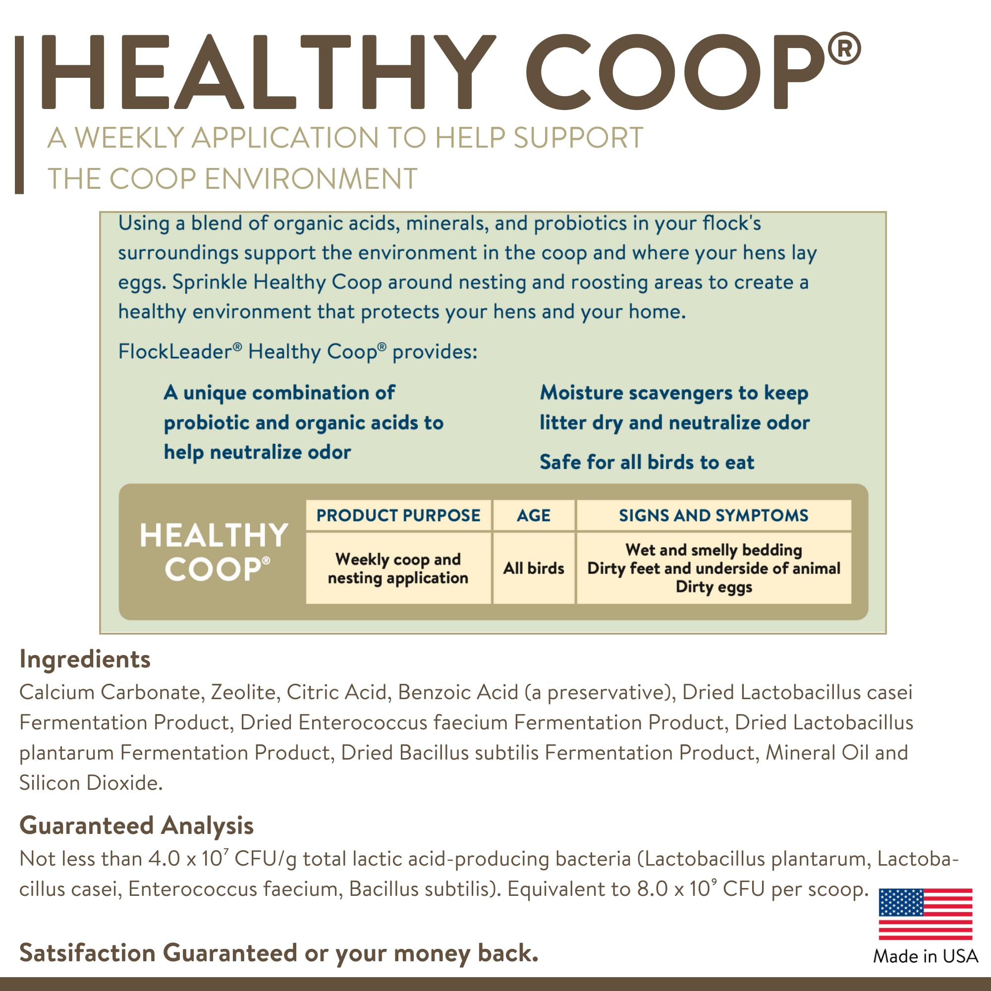 Healthy Coop probiotic powder ready to sprinkle around nesting areas to support cleanliness.