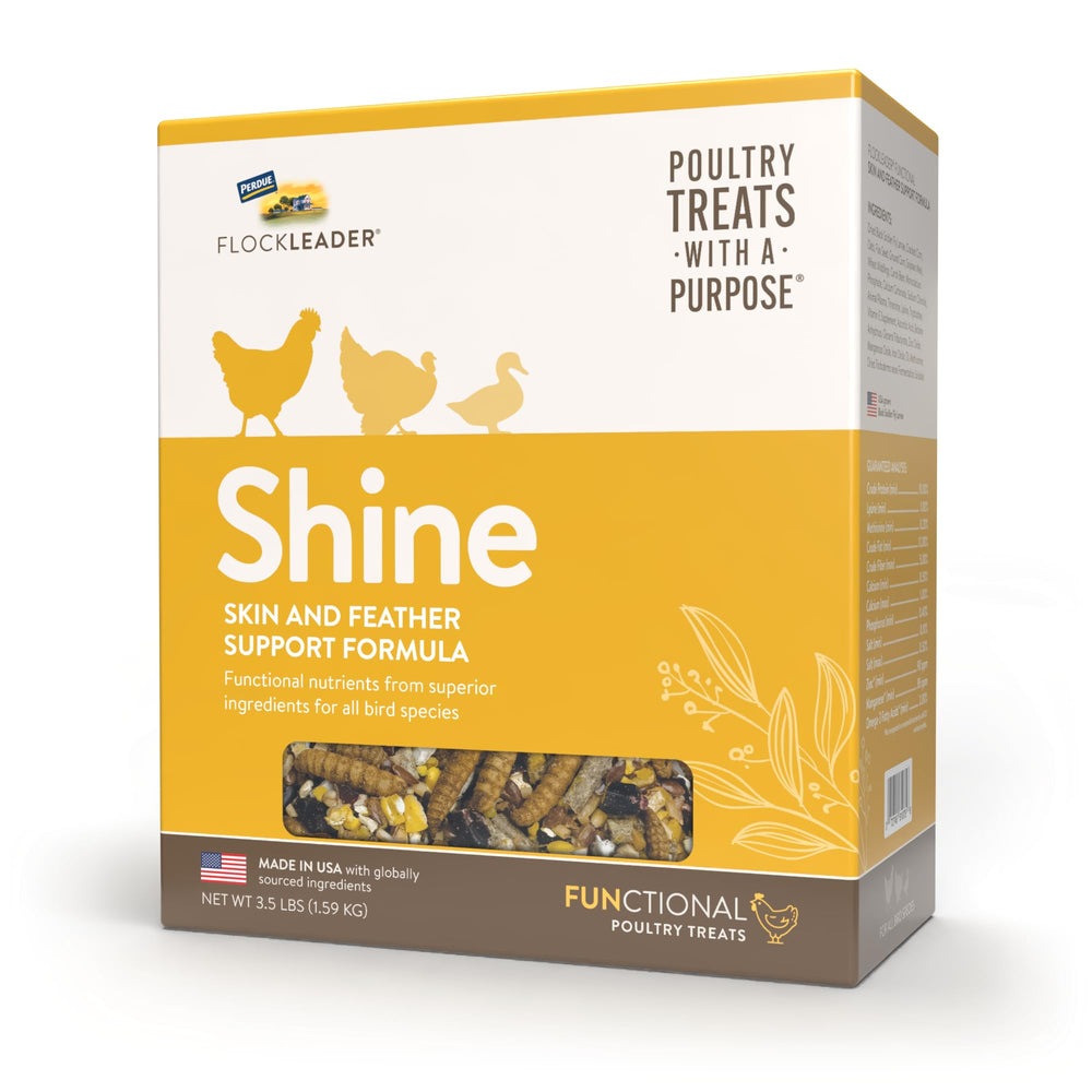FLOCKLEADER Shine packaging showing the 3.5 lb bag for feather support.