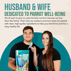 Flocksentials bag back listing balanced nutrition for parakeets