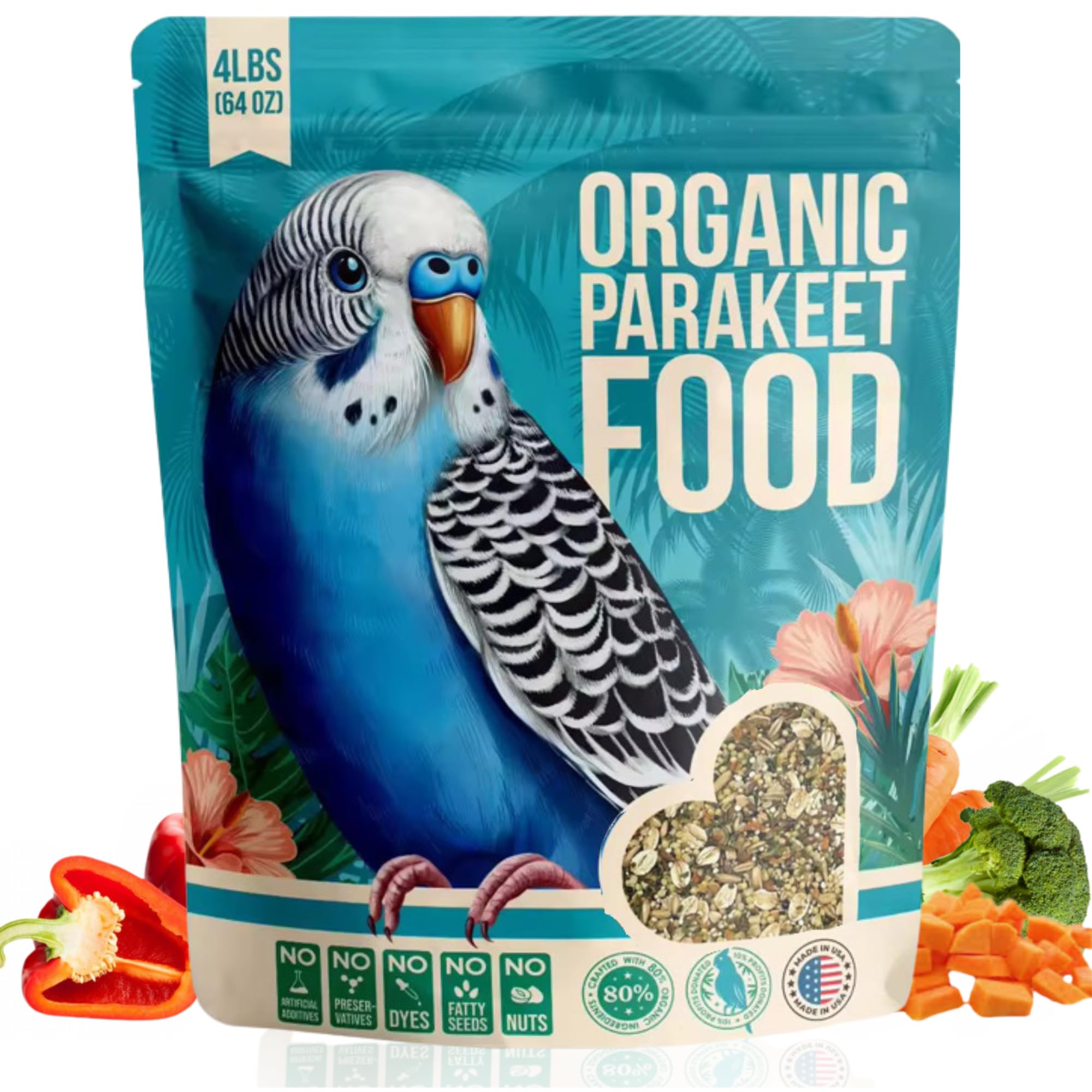 Flocksentials Organic Parakeet Food bag front with premium seed blend for healthy birds