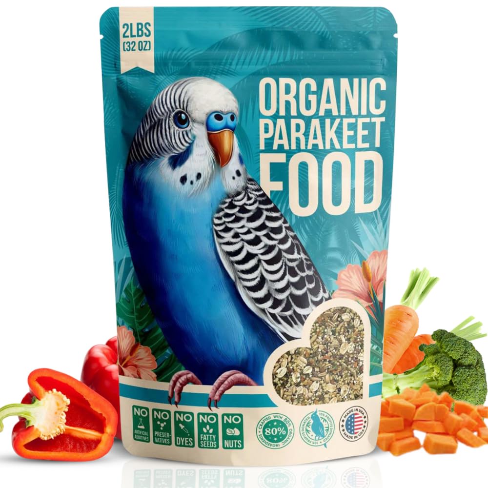 Flocksentials organic parakeet food bag showing premium seeds for a balanced diet