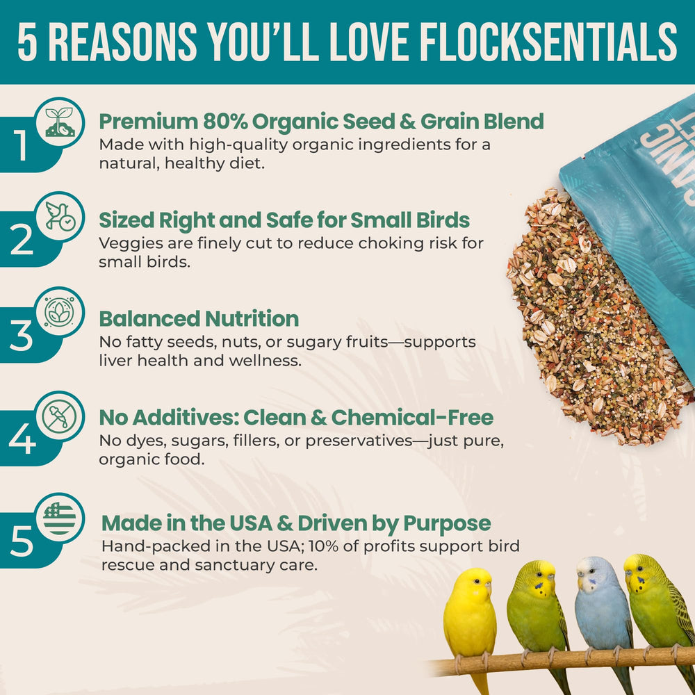 Flocksentials seed mix in a bowl designed for healthy parakeets