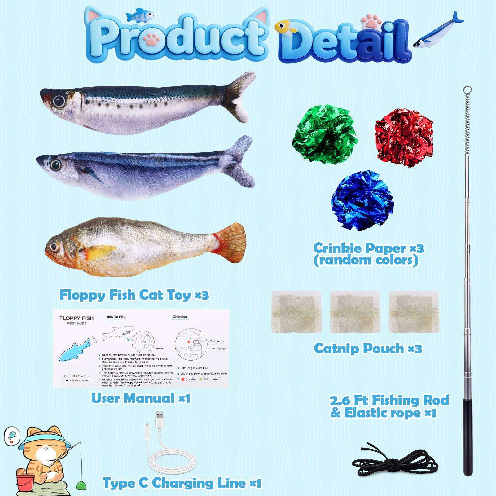 Floppy Fish three-piece cat toy pack boosts indoor activity.