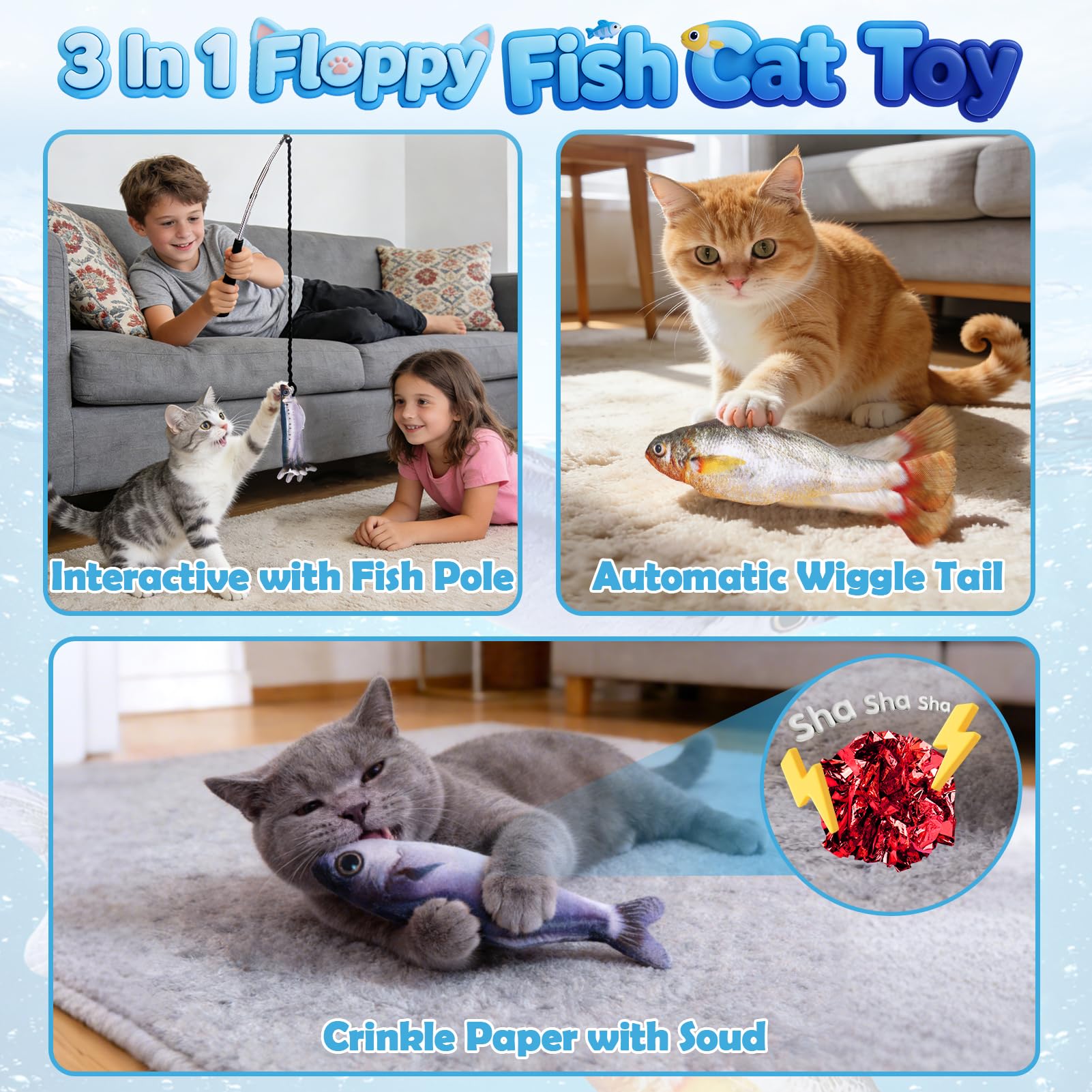 Floppy Fish touch-activated cat toy for interactive chasing and enhanced play.