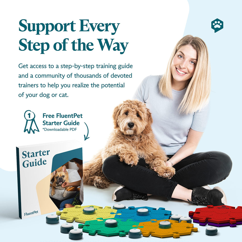 FluentPet edge pieces support guided training with step-by-step button teaching.