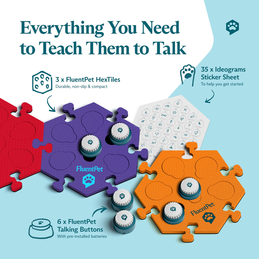 FluentPet HexTile mats organize buttons to speed word learning.