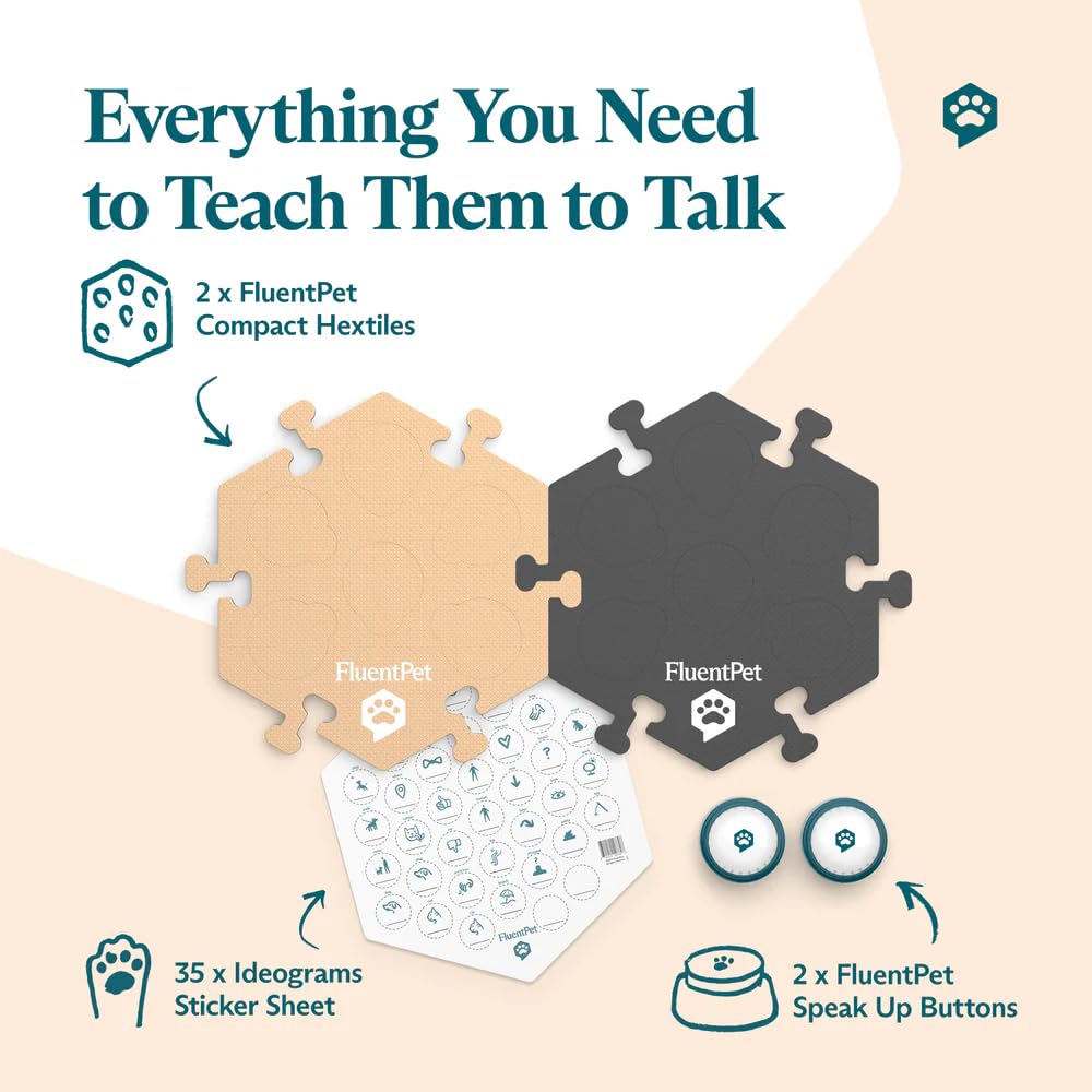 FluentPet HexTiles mats organize buttons for quick category learning.
