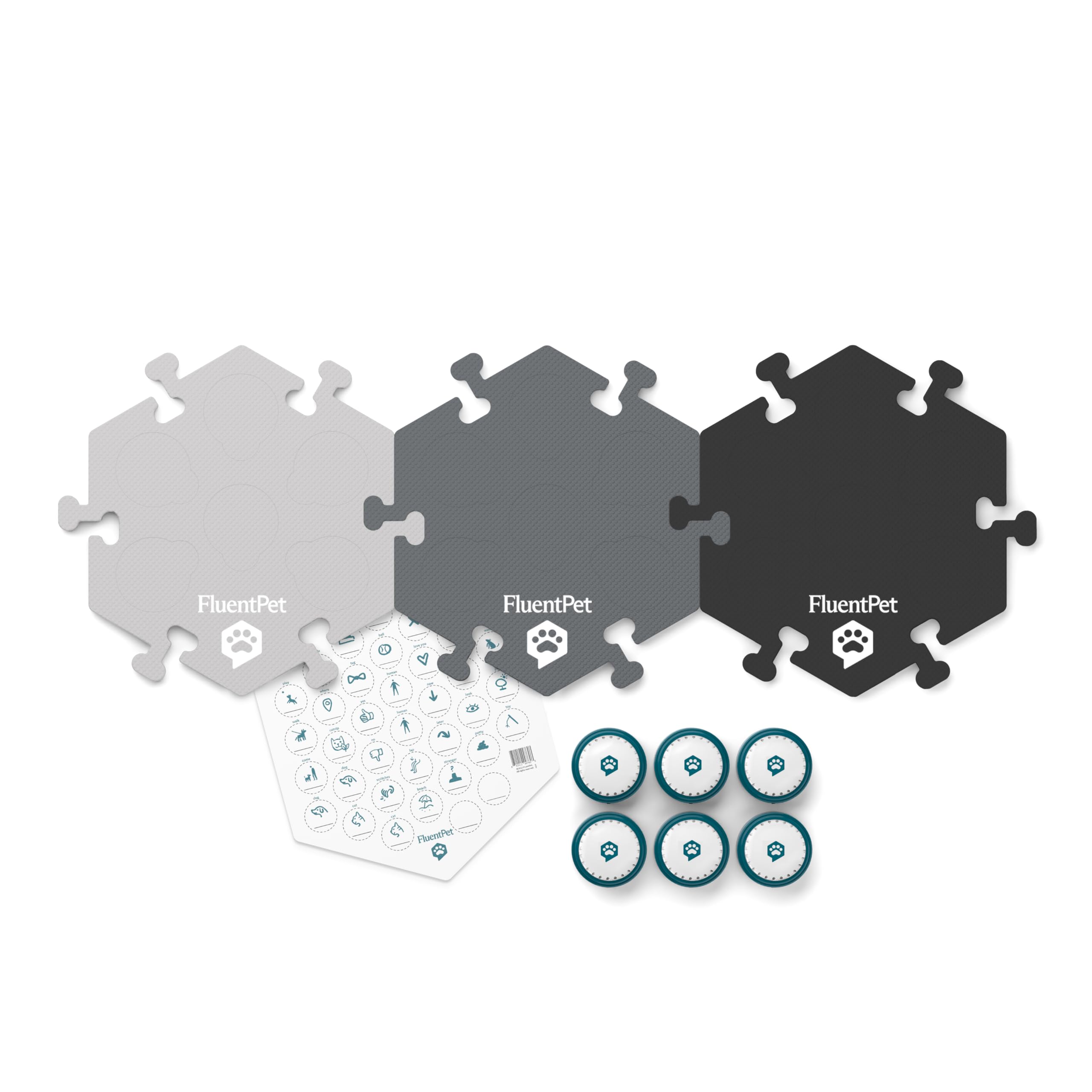 FluentPet HexTiles mats shown with buttons for organized category learning