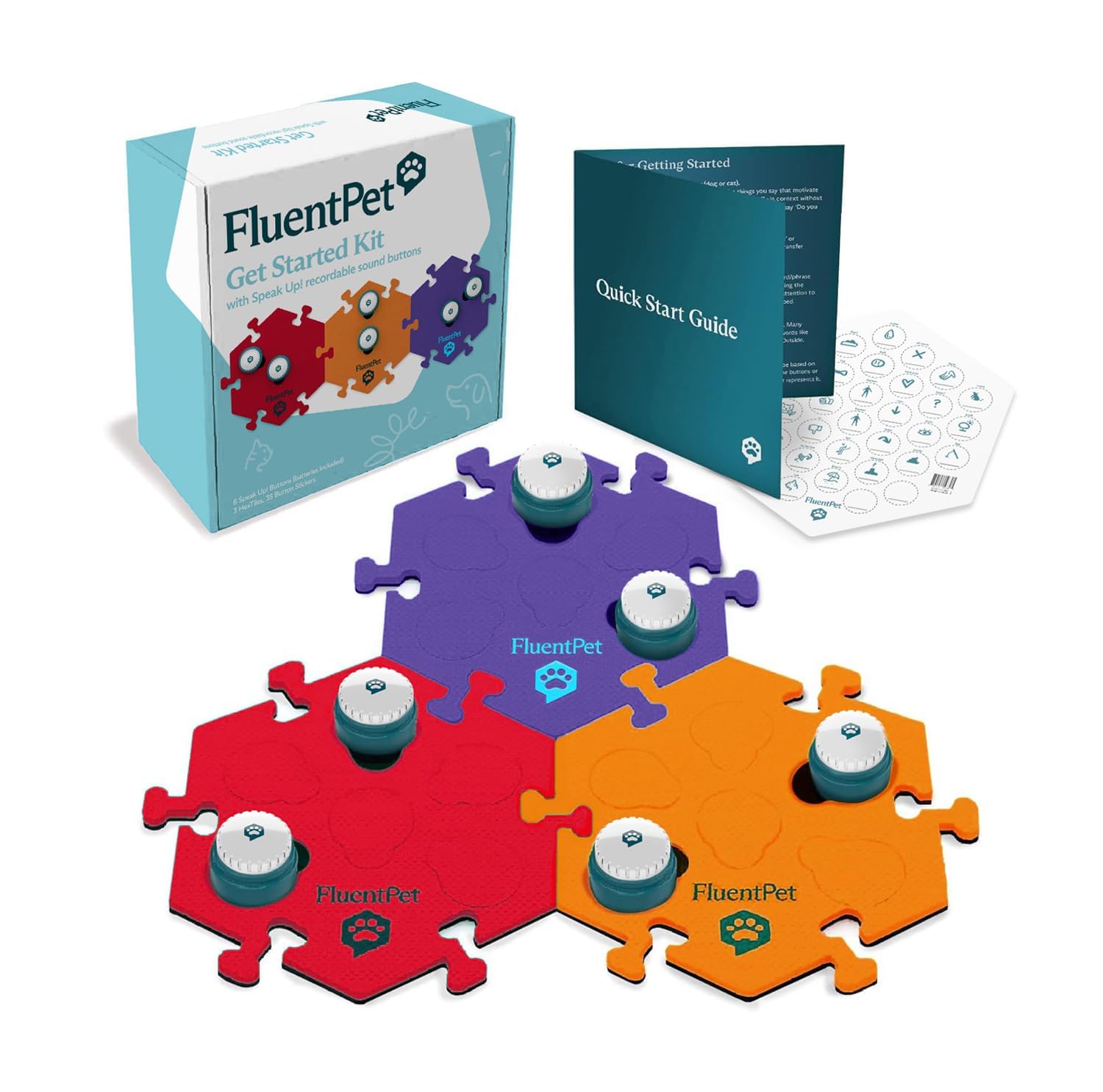 FluentPet Speak Up! kit shows six buttons for clear communication and daily needs.