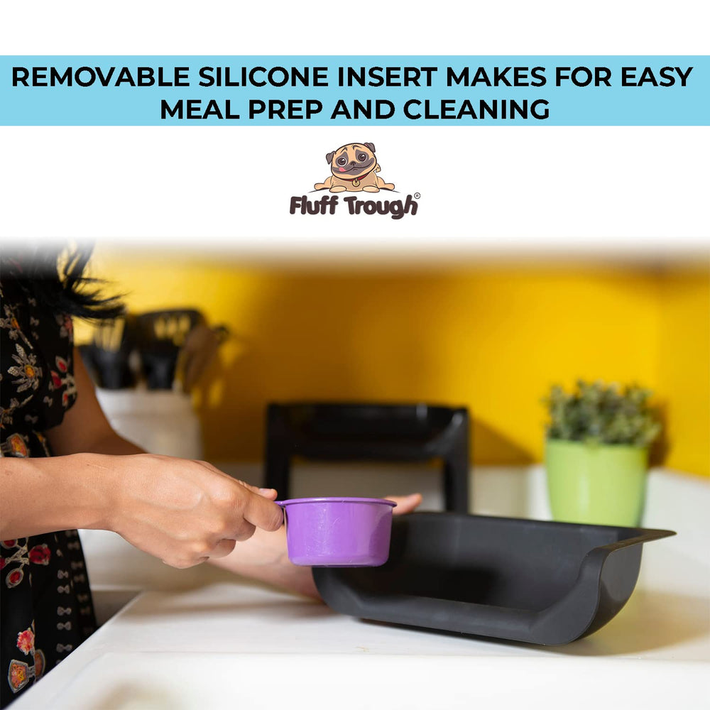 Fluff Trough full setup with elevated bowl for flat-faced pets during meals.