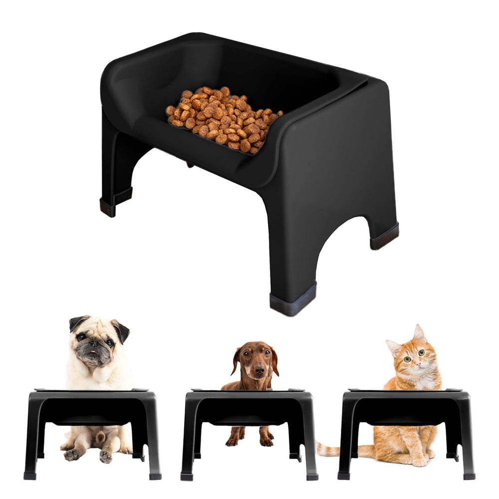 Fluff Trough elevated dog bowl stand front view shows sturdy design for easy dining.