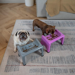 Fluff Trough ergonomic stand supports natural eating motion and reduces mess.